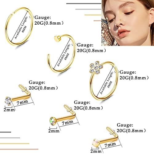 Adramata Nez Anneau Acier Chirurgical pour Femmes et Hommes - 20Pcs 20G Piercing de Nez Anneaux de Lèvres Septum CZ Noir
