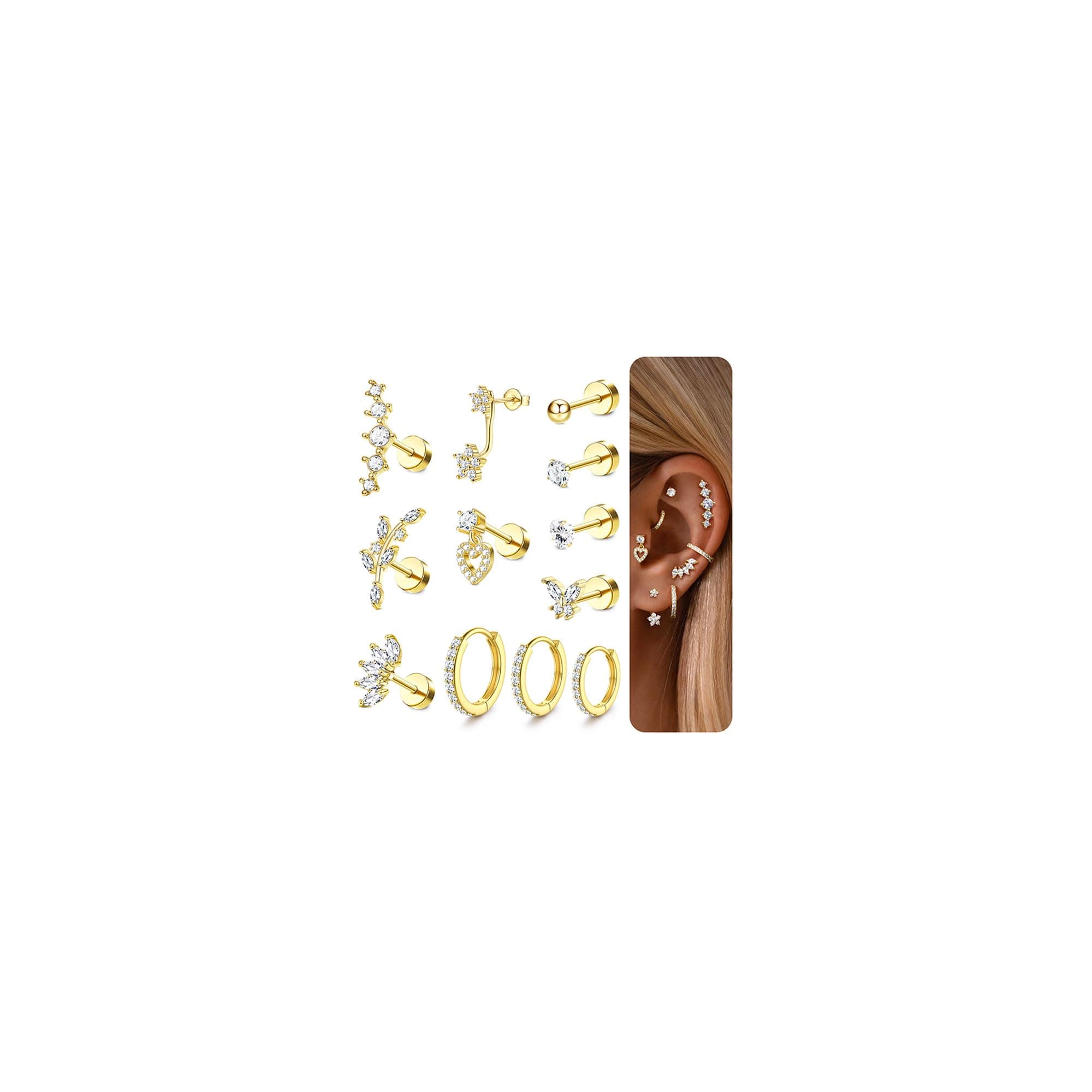 Adramata Acier Inoxydable Piercing Oreille Boucles d'Oreilles Femme - Helix Or Argent Creoles Conch Tragus 12/14Pcs 16G
