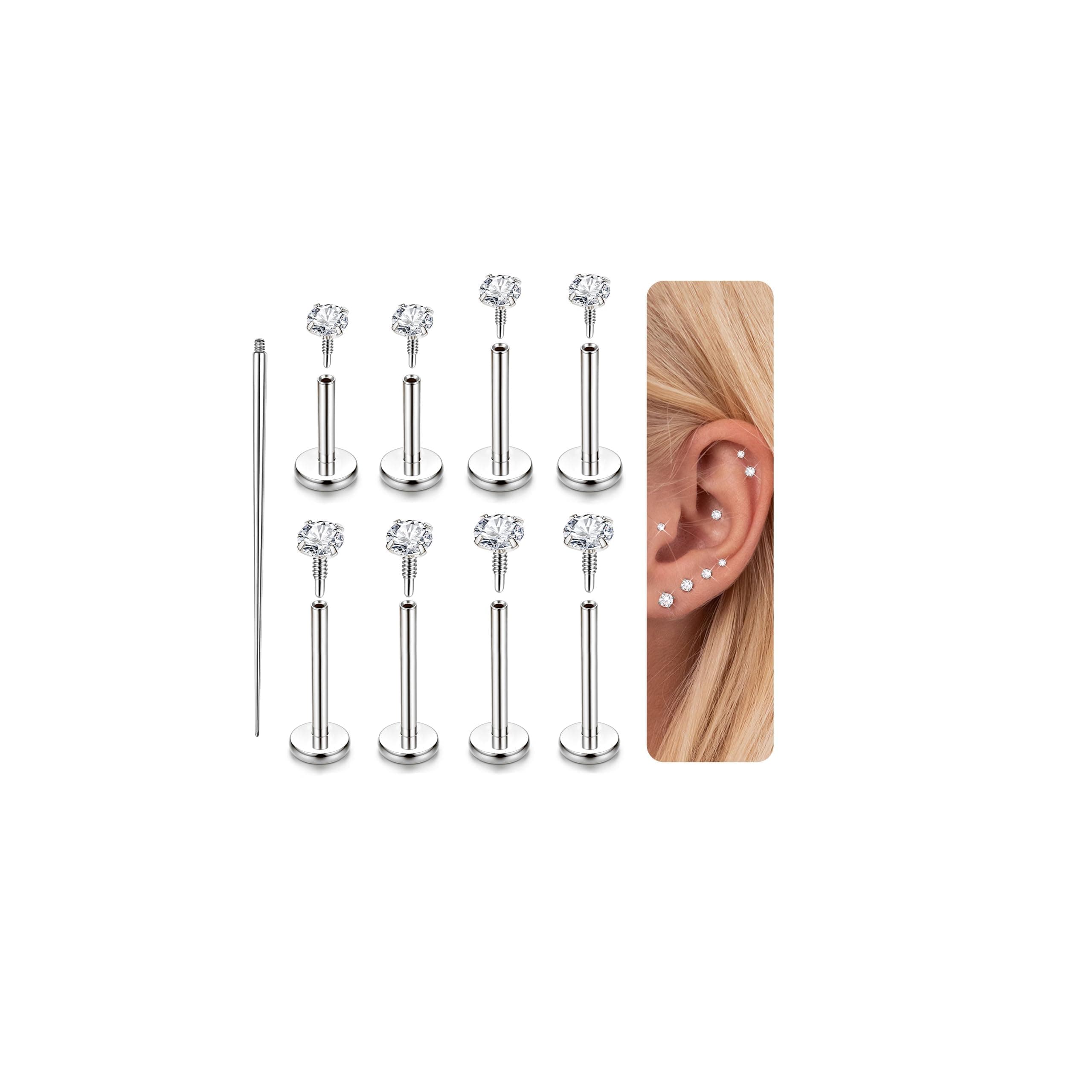 Adramata 8 Pièces Piercings Tragus Labret Fileté Interne Acier Chirurgical 16G/18Gnez Bijoux - Argent/Or/Rose Recycled S