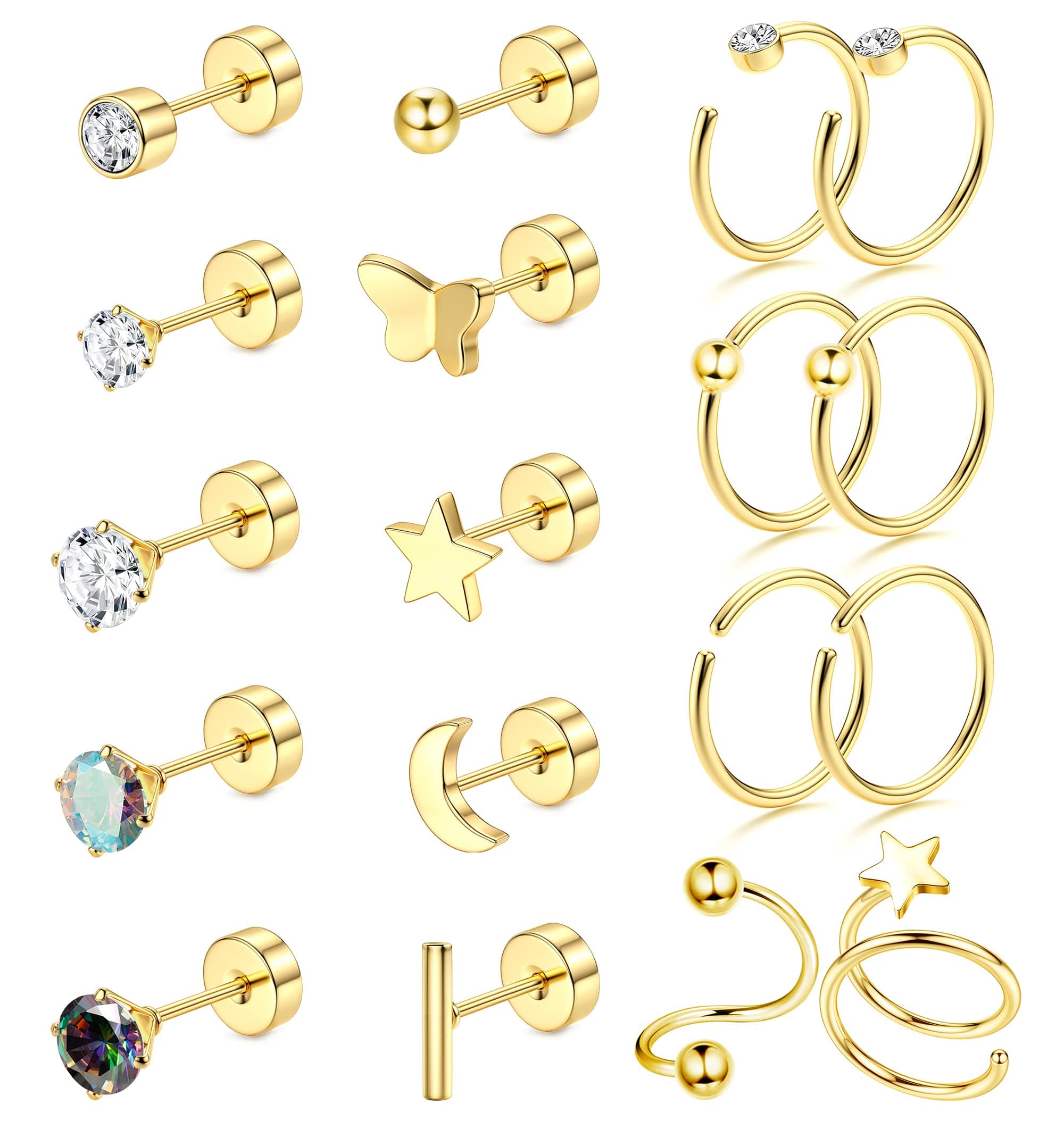 Adramata Piercings G23 Titane pour Femme et Homme - Tragus et Cartilage - 18Pcs - Recycled Claim Standard 100